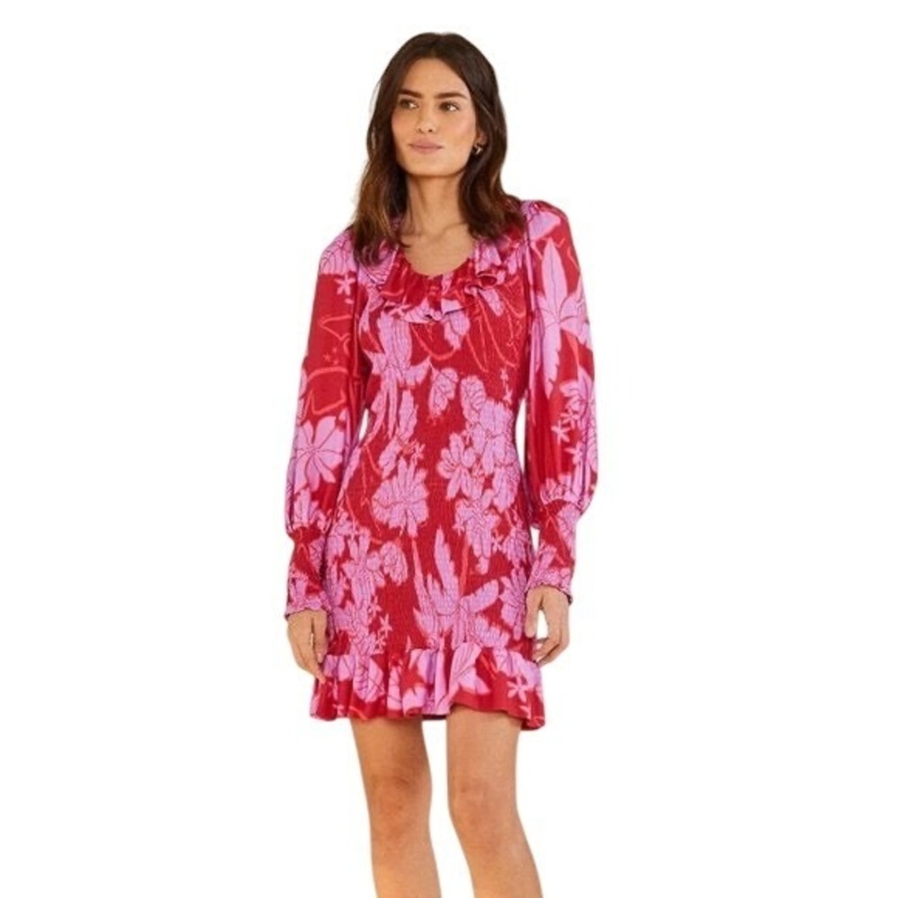 Farm Rio Smocked Mini Dress Floral Ruffle Trim Long Sleeve Red Pink S‎